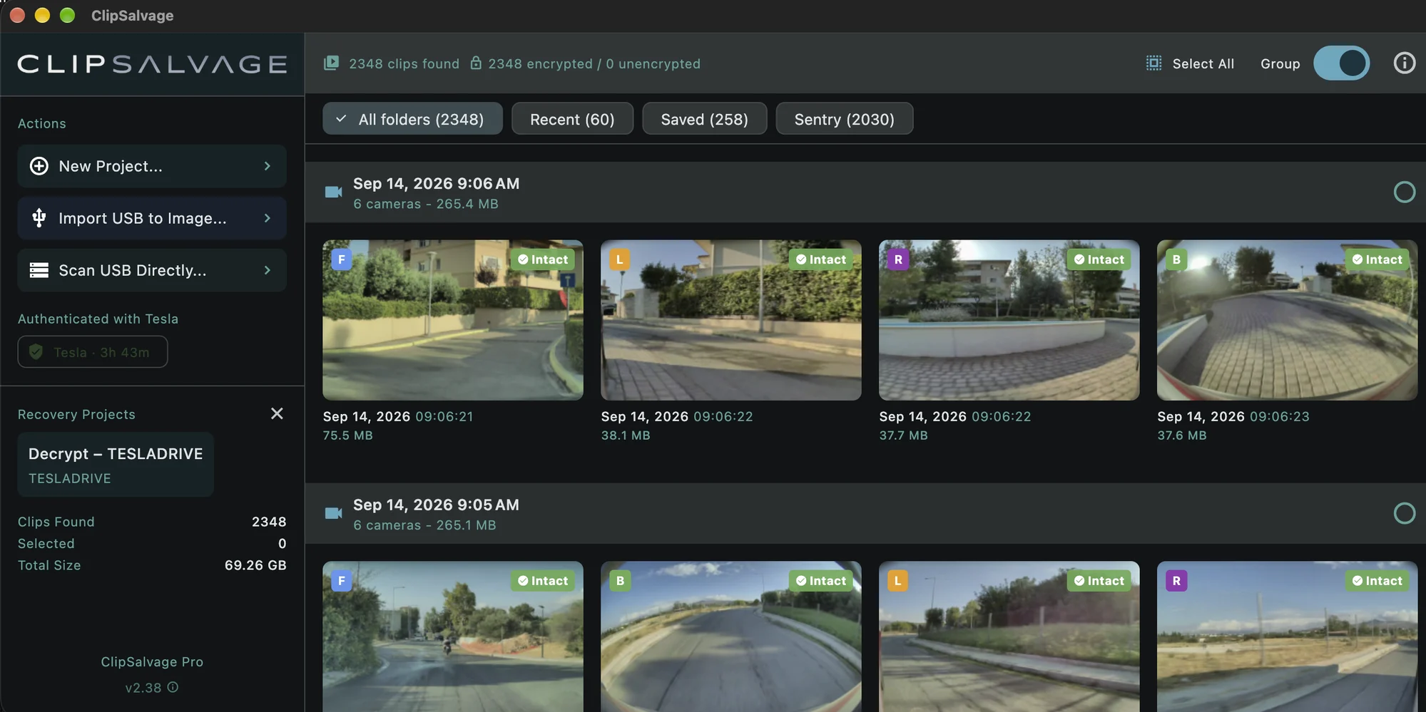 ClipSalvage’s drive scan and footage recovery interface