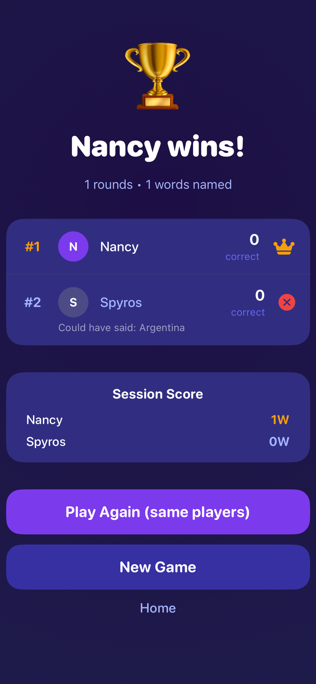 Last Letter results screen