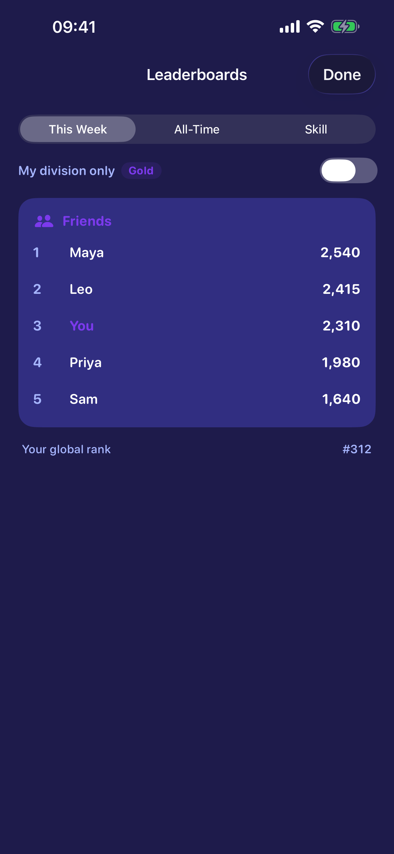 Last Letter leaderboard with weekly, all-time and skill boards