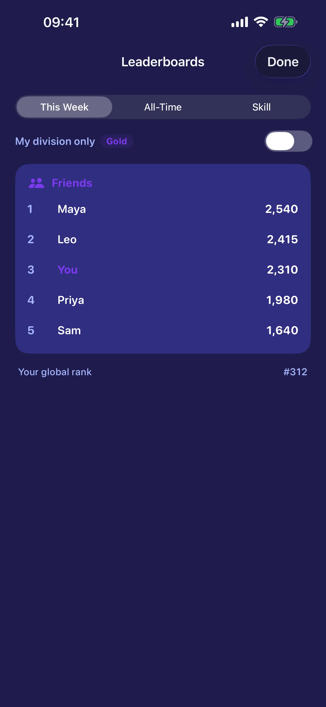 Last Letter leaderboard with weekly, all-time and skill boards