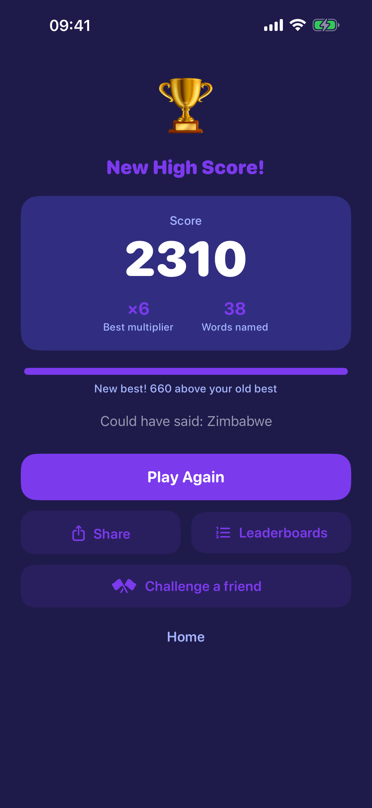 Last Letter Solo results screen with score and personal best