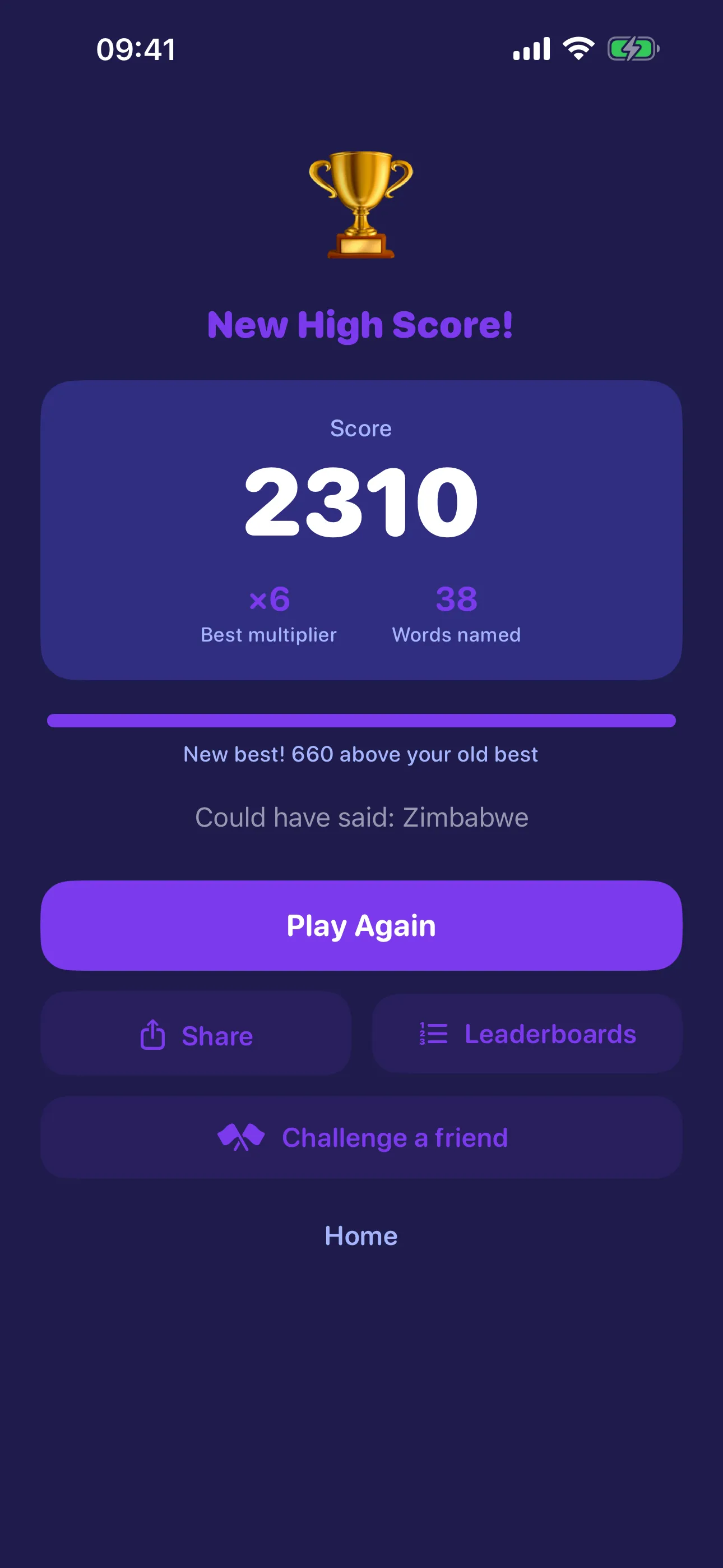Last Letter Solo results screen with score and personal best