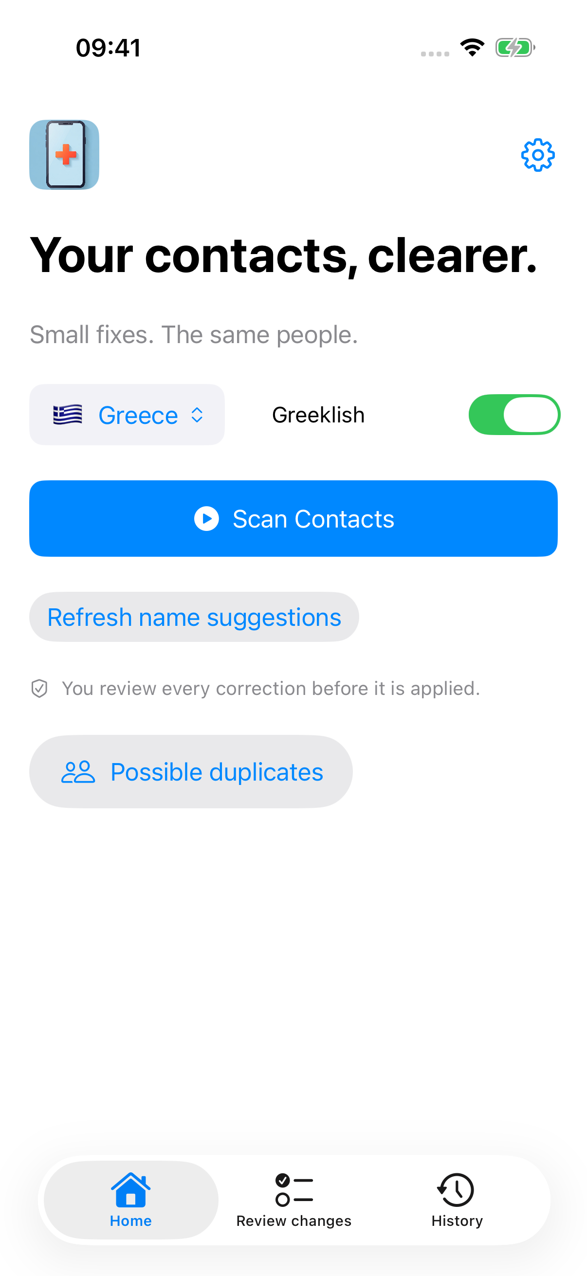 Qorrect Home with Greece selected and a Scan Contacts action.