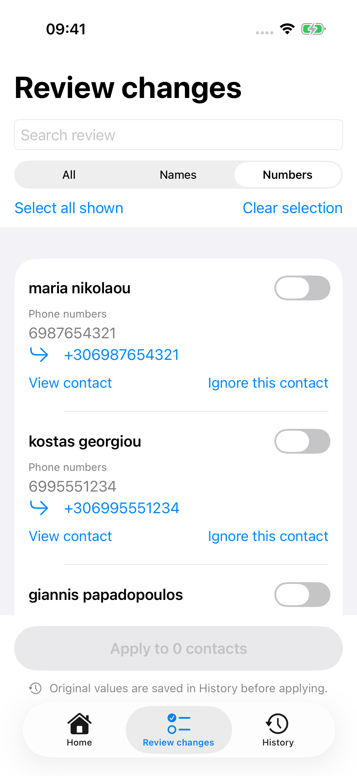Qorrect Review with original local numbers and international-format suggestions.