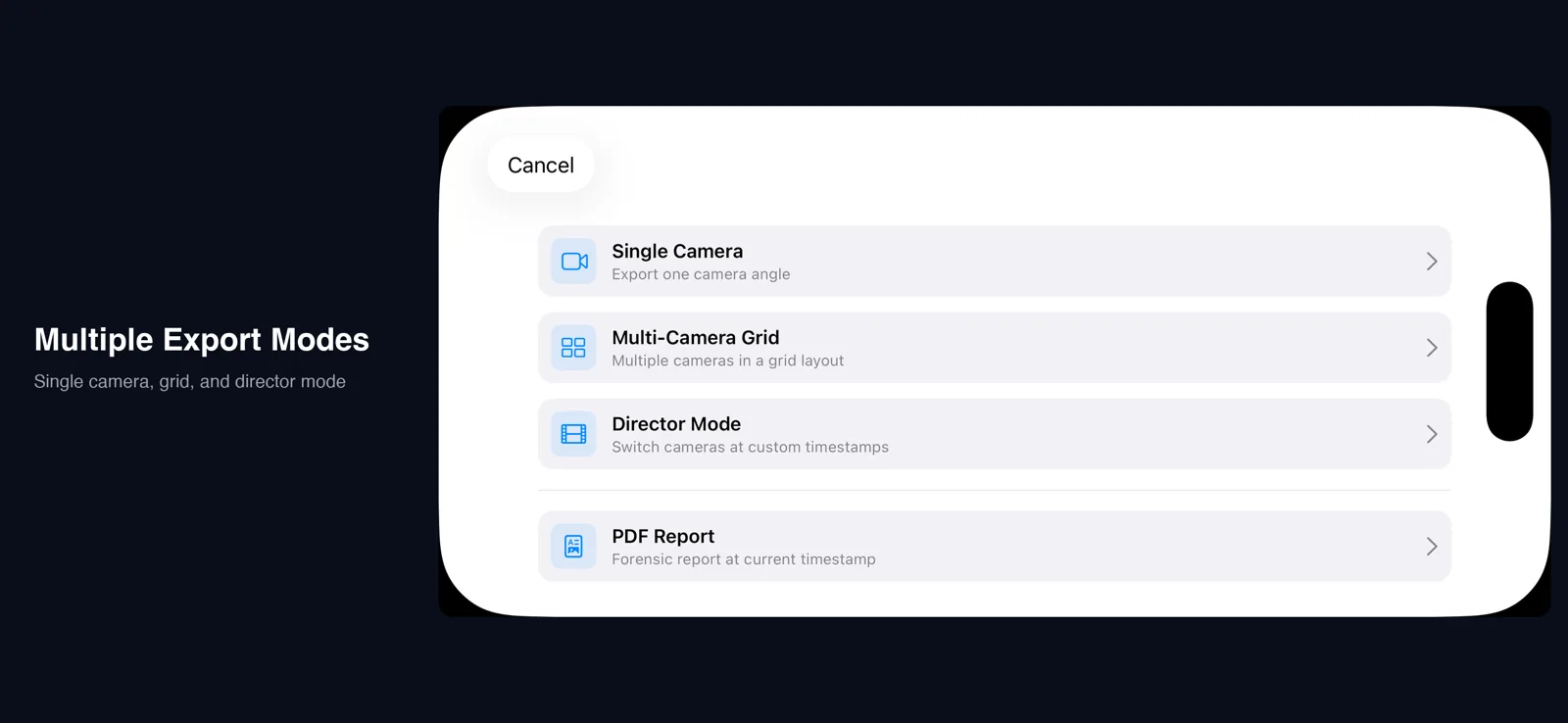 The actual export menu with camera layout, quality and overlay choices