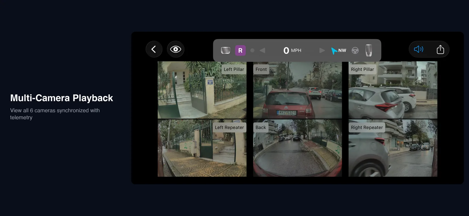 The real Sentry Clip Viewer playback screen: six synchronized Tesla camera views beneath the telemetry HUD