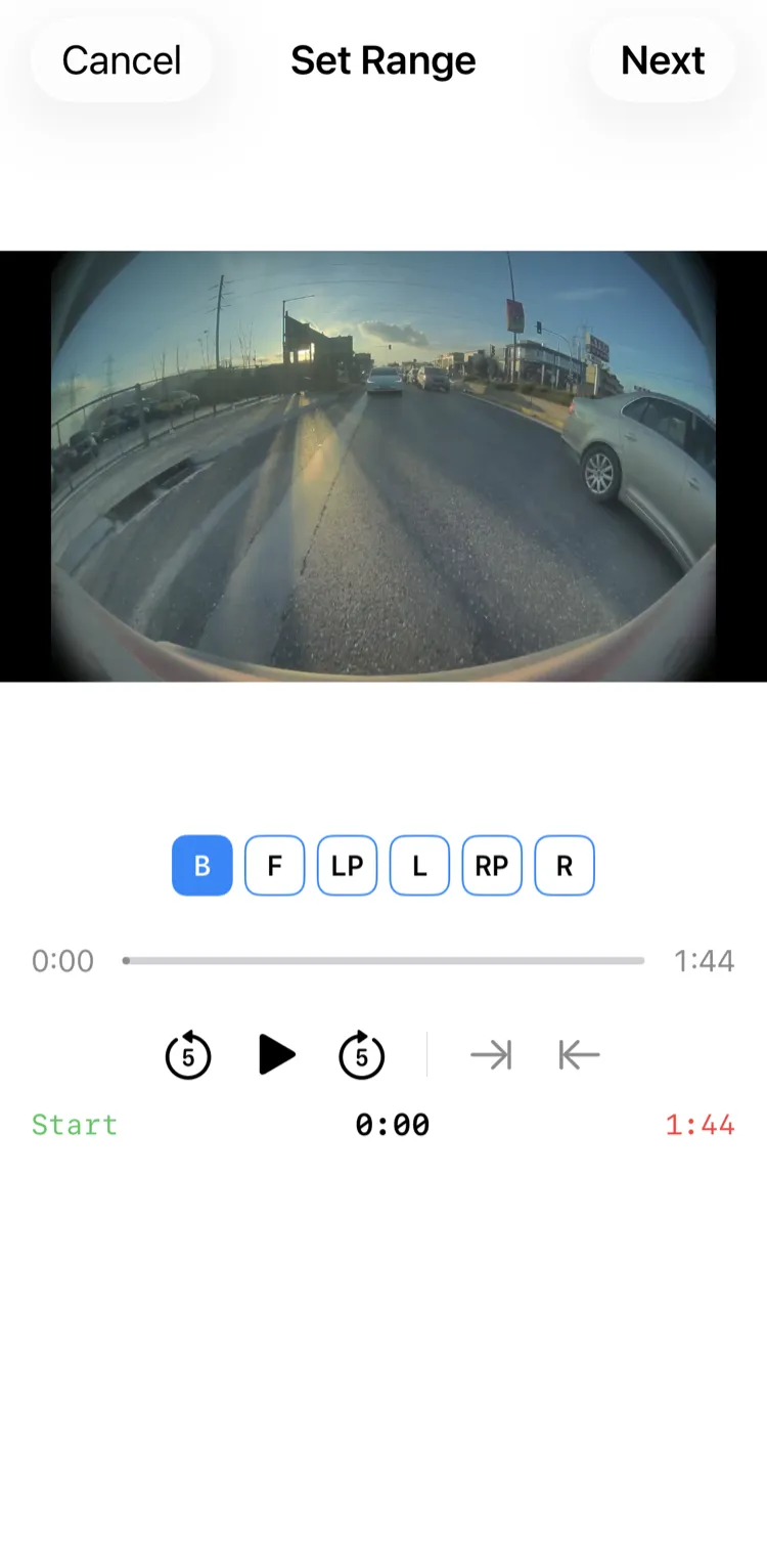 Sentry Clip Viewer’s real timeline selection screen showing the range selected for export